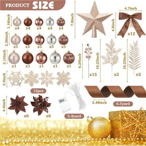 Amazon.com: Poen 108 Pcs Christmas Tree Ornament Set  108Pcs Xmas Tree Ball Glitter Poinsettia Bows Berries Stems Leaves Snowflakes